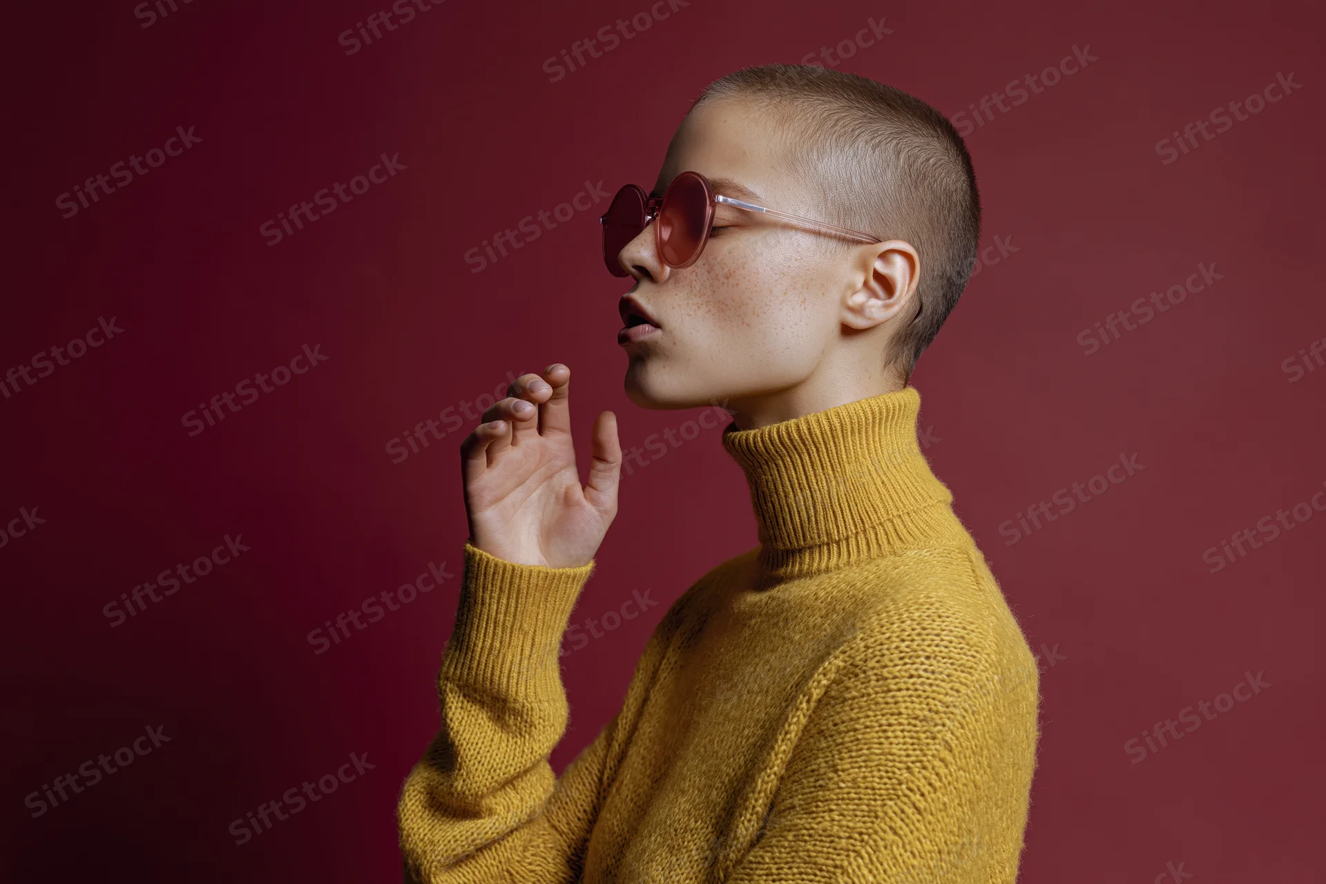 Woman in yellow turtleneck sweater wearing round rose-tinted sunglasses in profile against red background