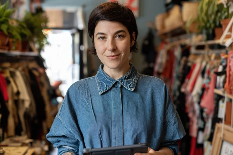 Woman smiling while holding tablet in clothing boutique interior