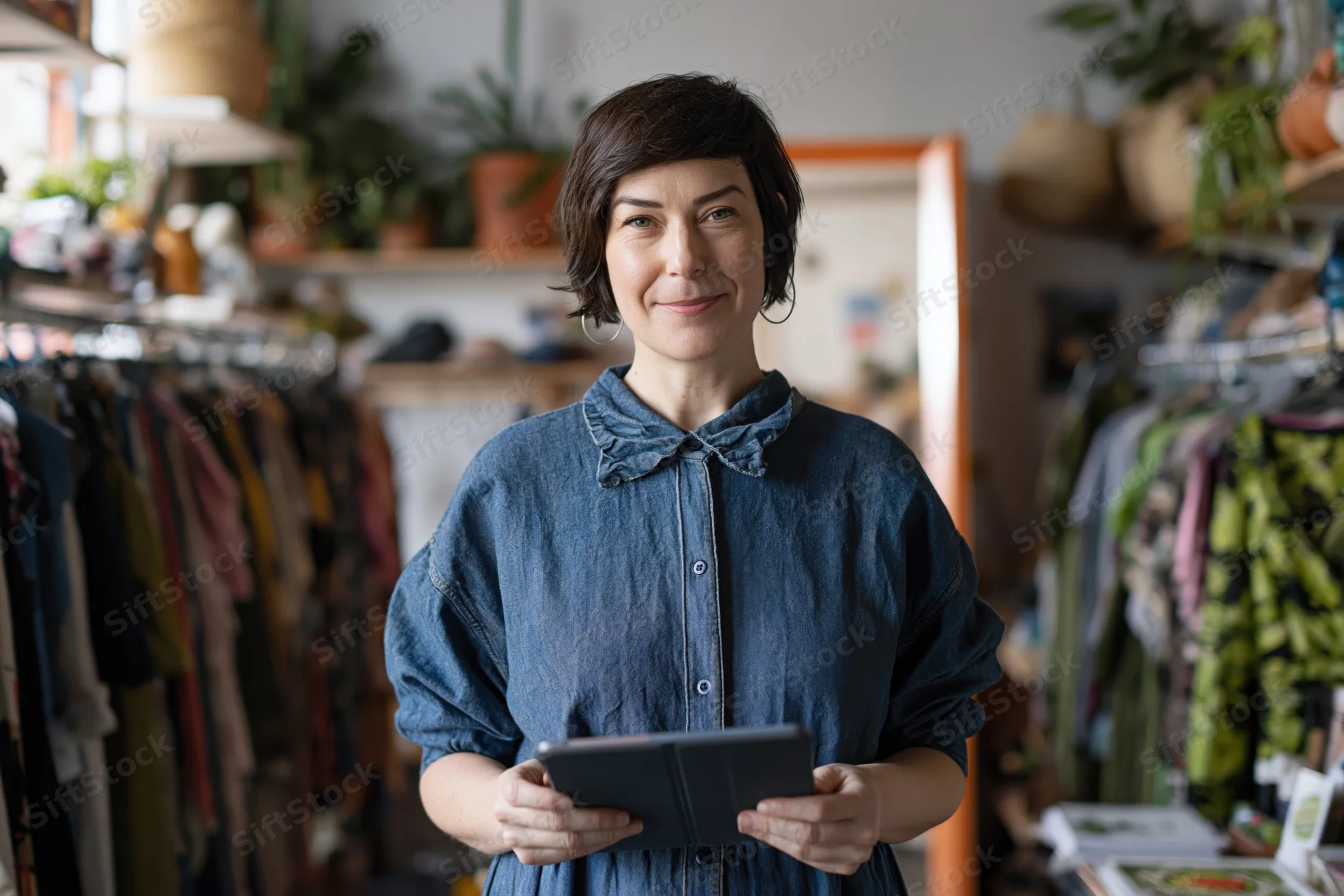 Woman holding tablet in boutique clothing shop smiling at camera