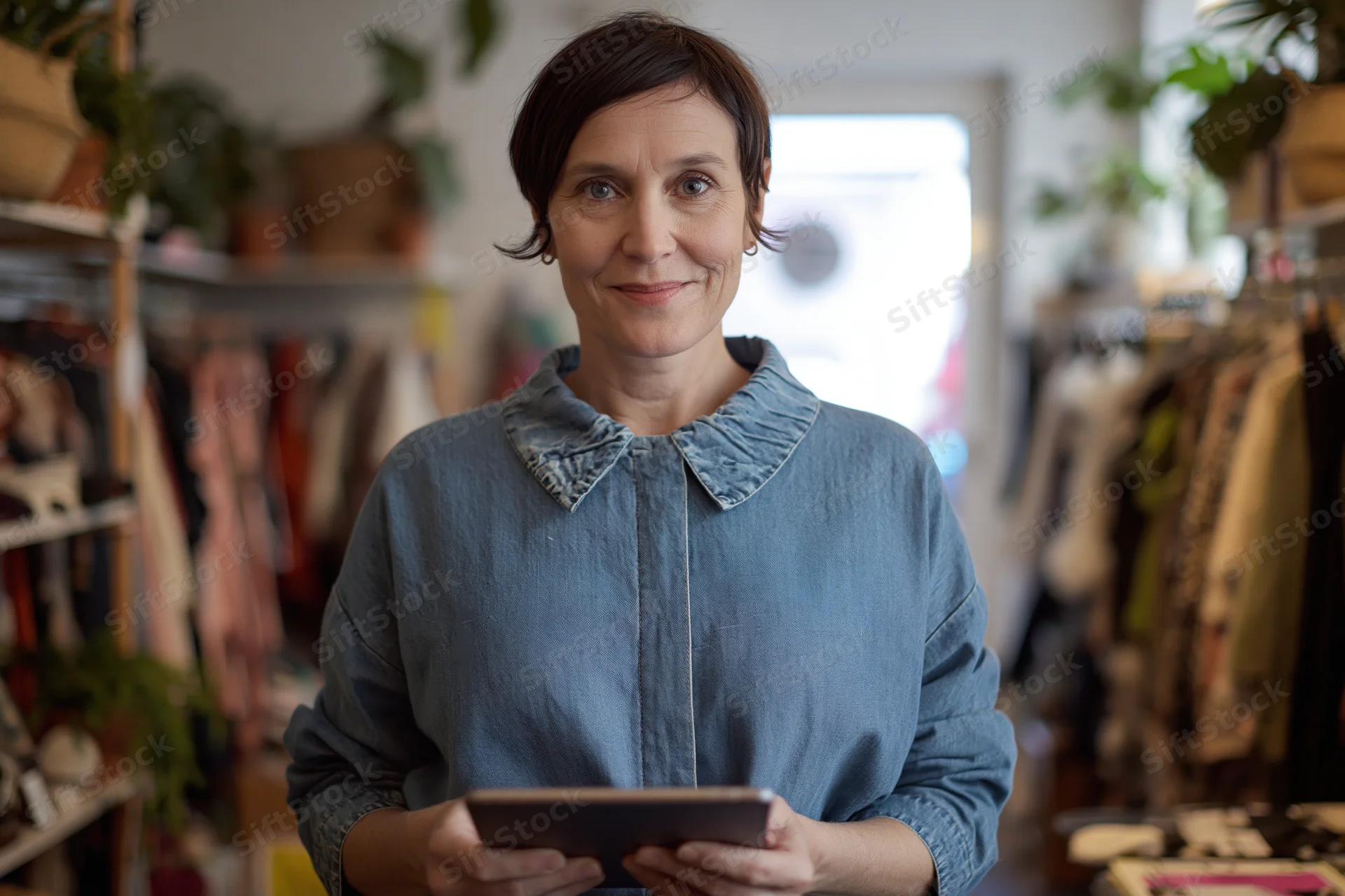Woman holding tablet in boutique clothing store smiling at camera