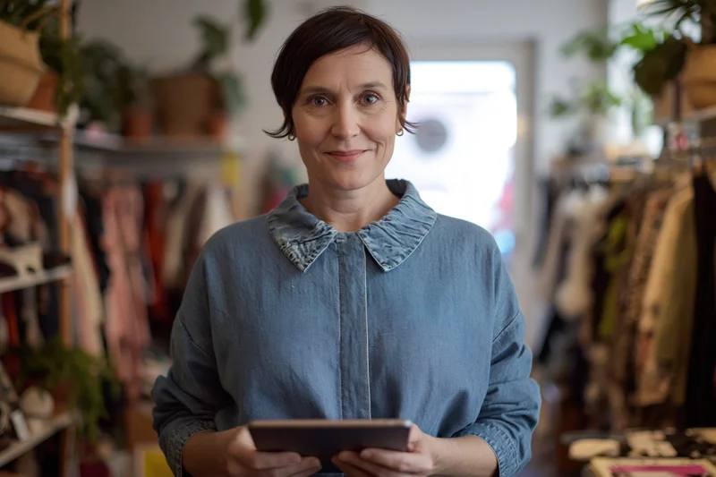 Woman holding tablet in boutique clothing store smiling at camera