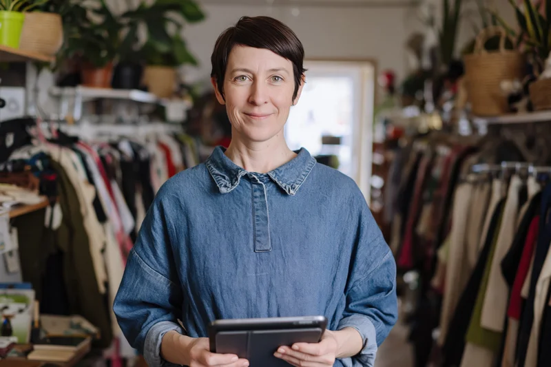 Woman holding tablet in small clothing store interior
