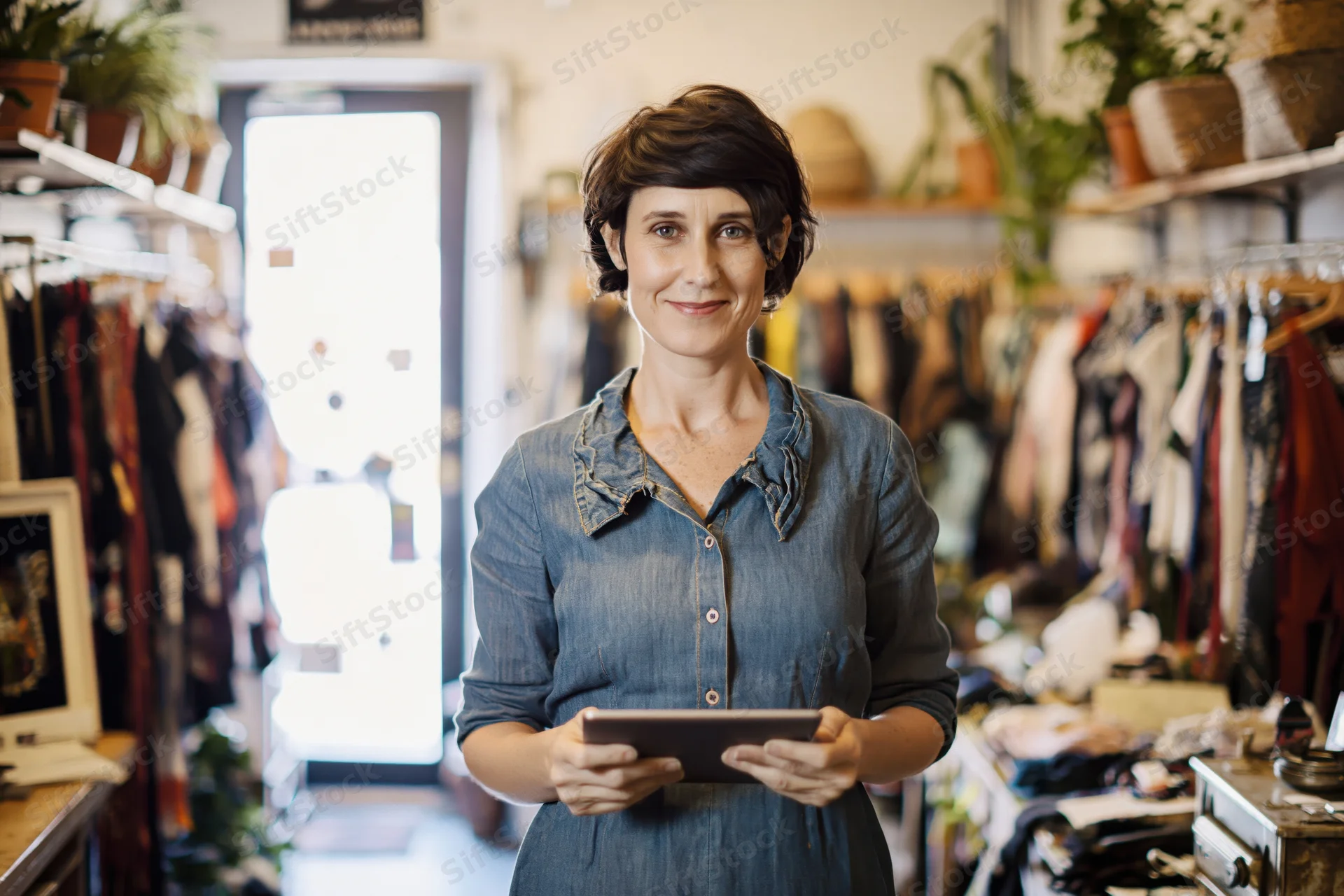 Woman holding tablet in small clothing boutique store