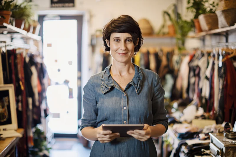 Woman holding tablet in small clothing boutique store