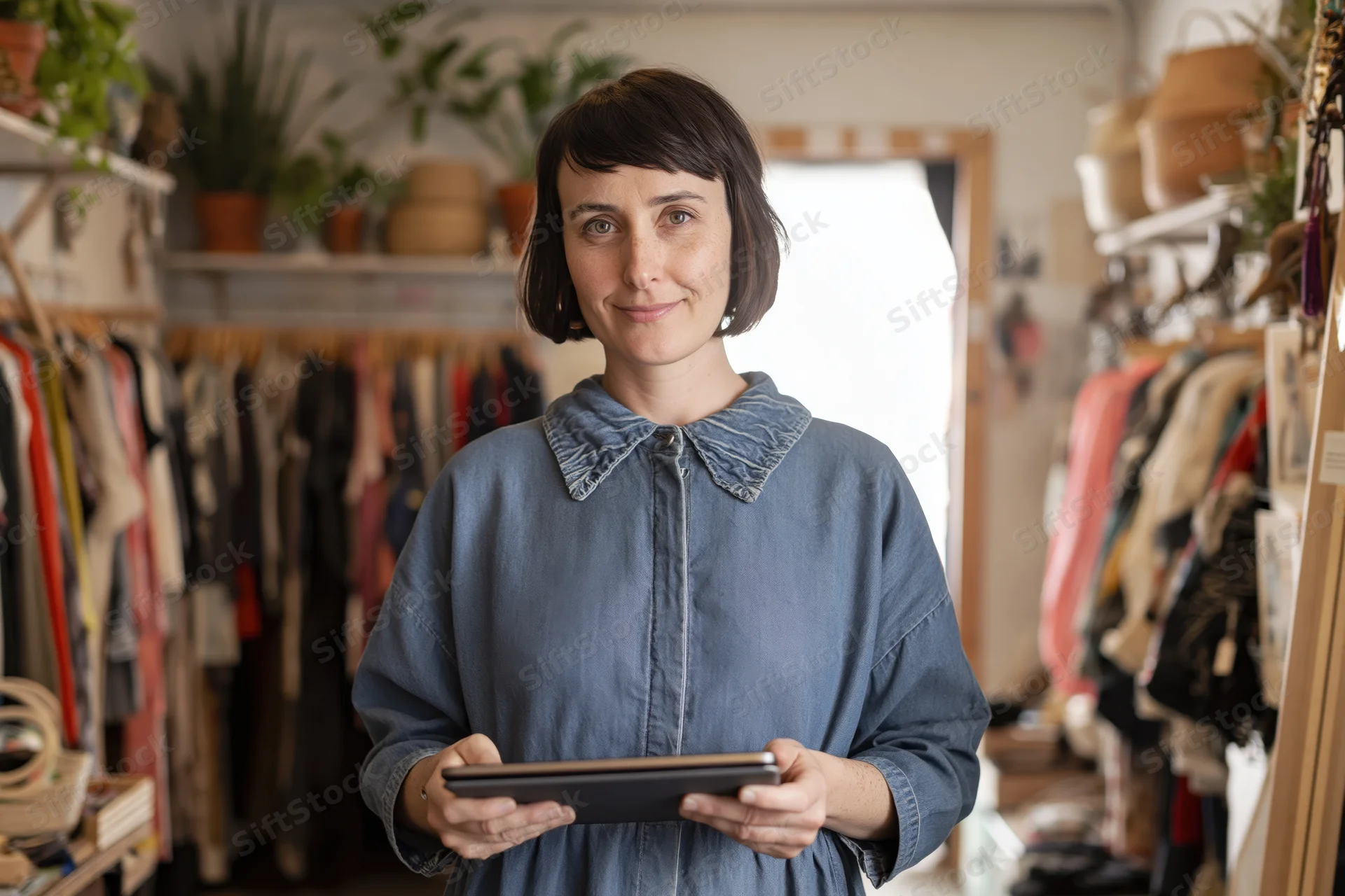 Woman holding digital tablet in boutique clothing store