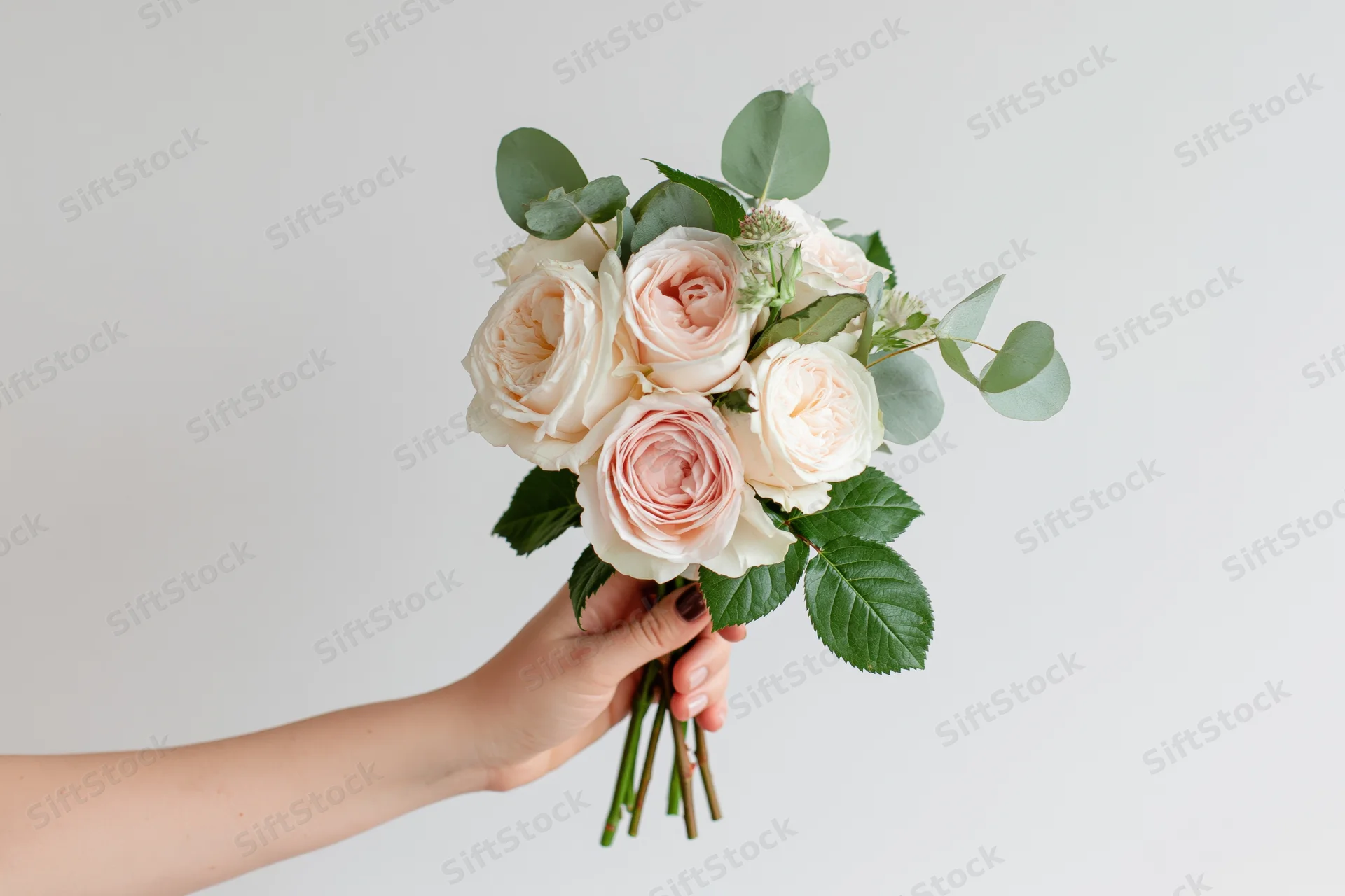 Woman's hand holding a small bouquet of pale pink and cream roses with green foliage against a white background