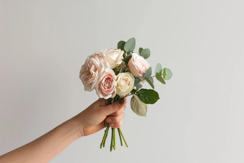 Woman's hand holding a small bouquet of pale pink and cream roses with green foliage against a white background