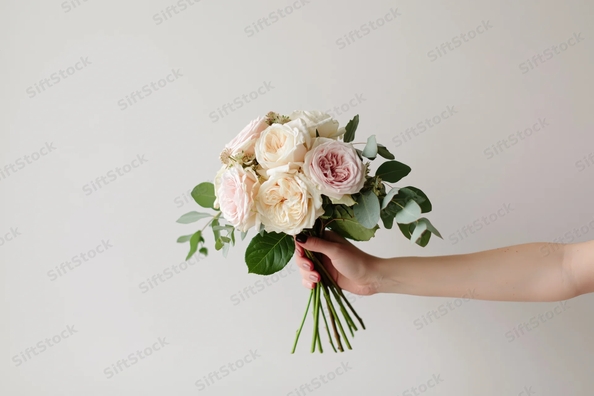 Woman's hand holding a small bouquet of pale pink and cream roses with green foliage against a white background