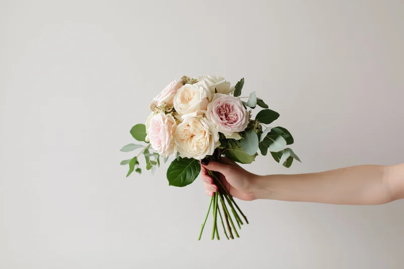 Woman's hand holding a small bouquet of pale pink and cream roses with green foliage against a white background