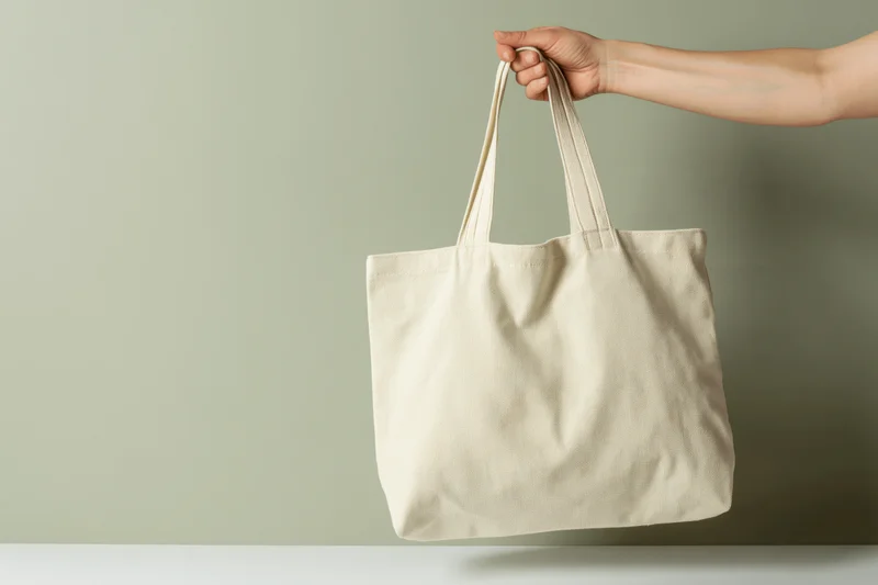Woman's hand holding an empty beige canvas tote bag against a neutral background