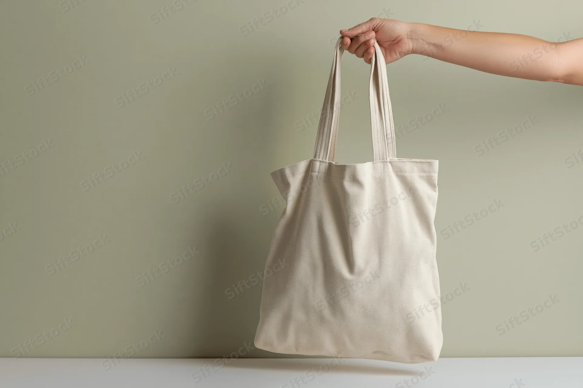 Woman's hand holding a beige canvas tote bag against a neutral background