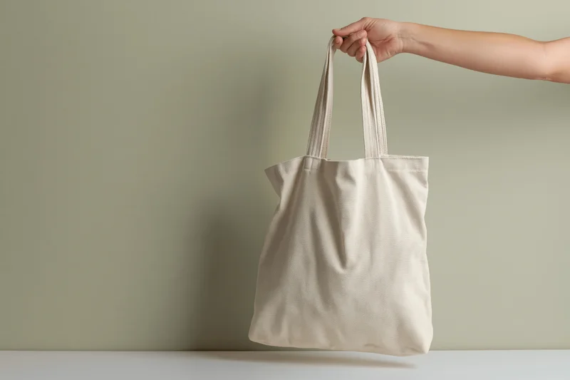 Woman's hand holding a beige canvas tote bag against a neutral background