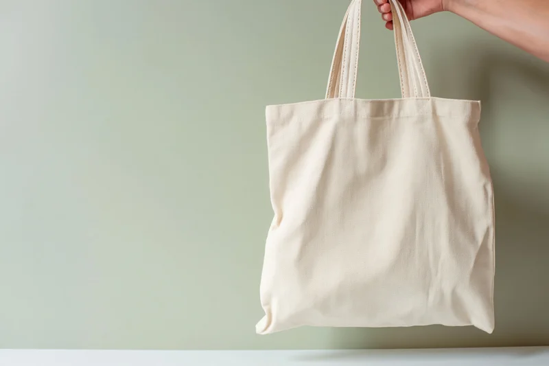 Woman's hand holding an empty beige canvas tote bag against a light green background with copyspace