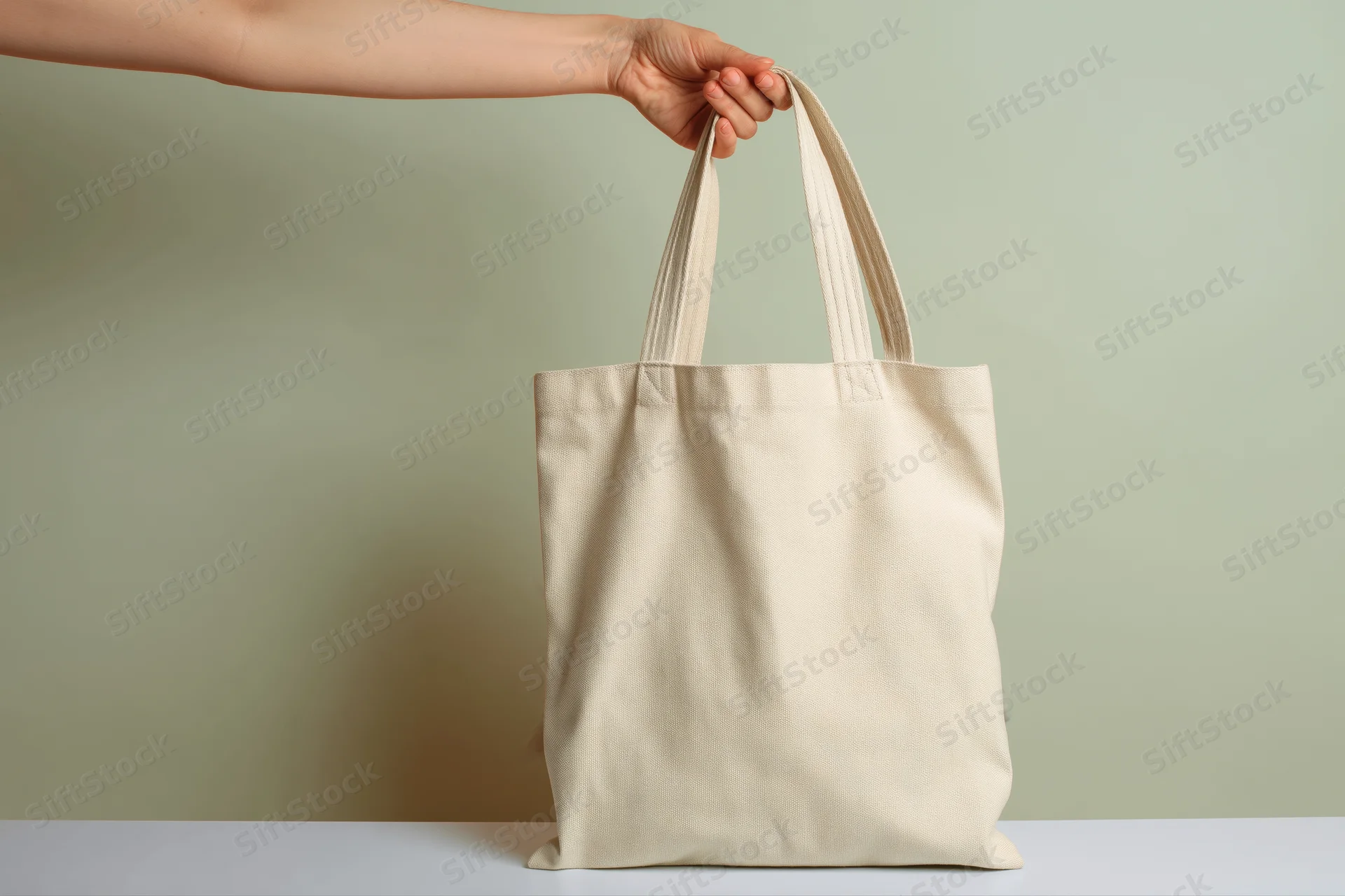 Woman's hand holding an empty beige canvas tote bag on a plain surface