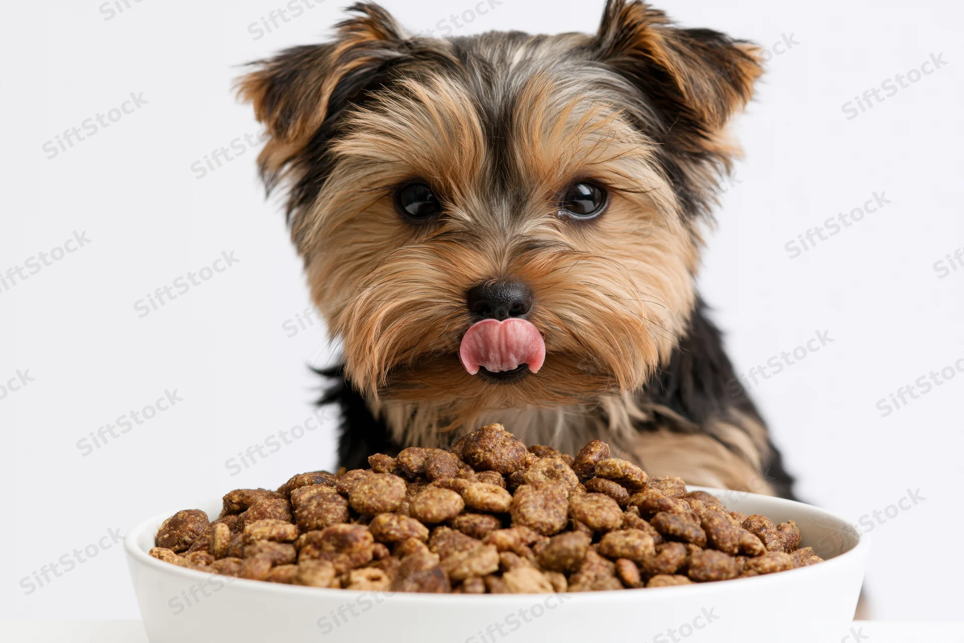 Yorkshireterrier puppy licking its nose behind a bowl of dry pet food in studio setting