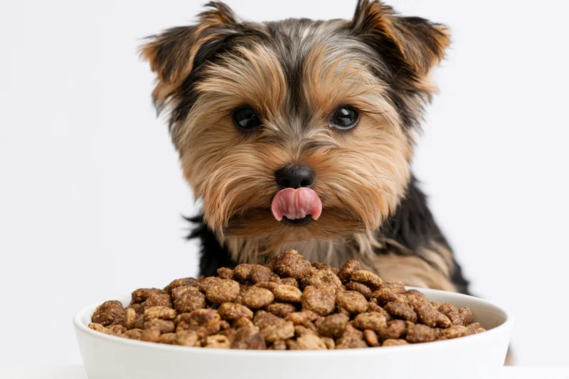 Yorkshireterrier puppy licking its nose behind a bowl of dry pet food in studio setting
