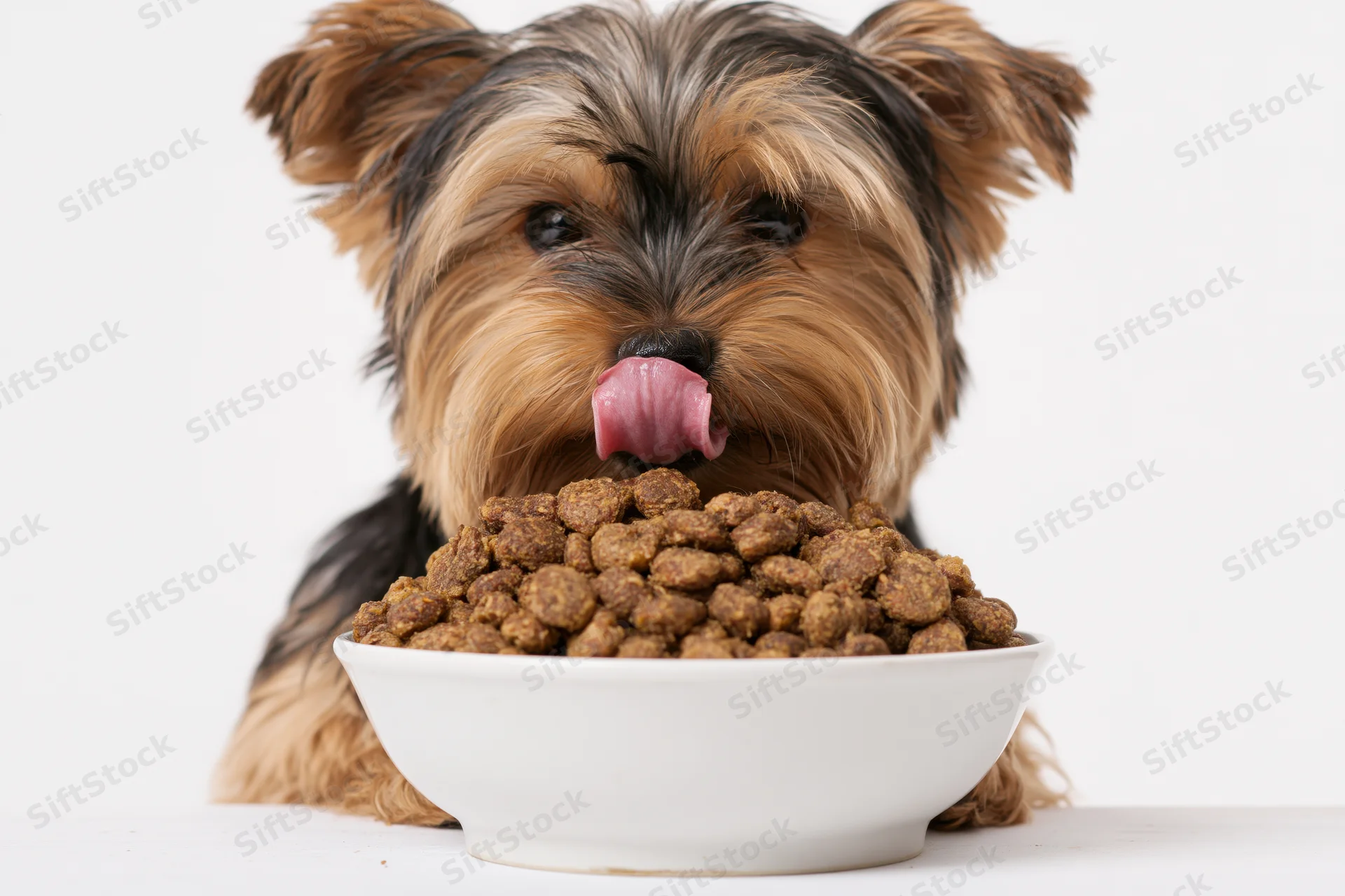 Yorkshire terrier puppy licking its nose while sitting behind a bowl of kibble on a white surface