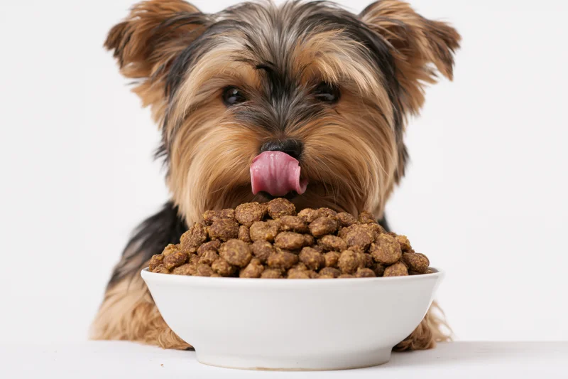 Yorkshire terrier puppy licking its nose while sitting behind a bowl of kibble on a white surface