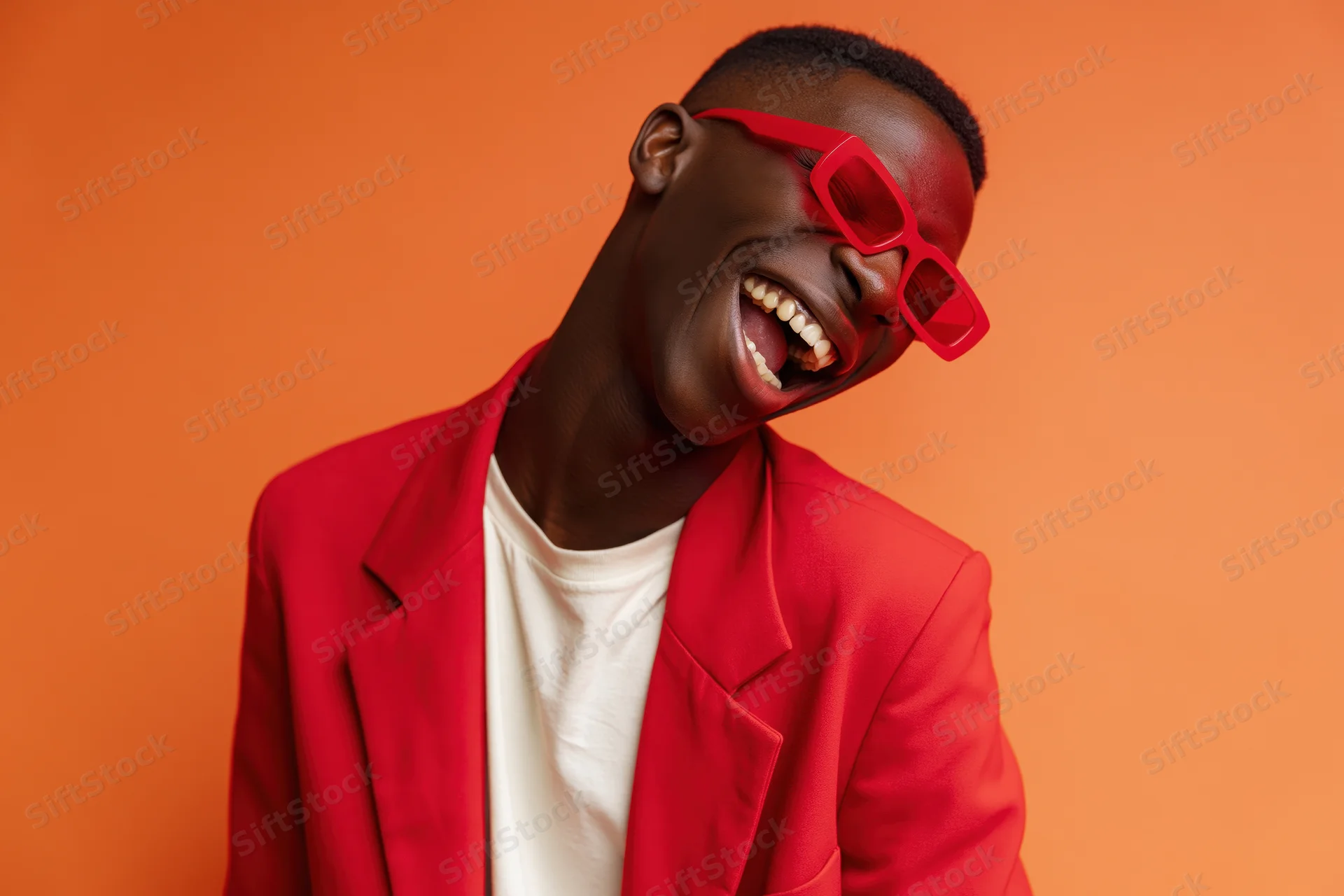 Young black man laughing with red sunglasses and red blazer over white t-shirt against orange background