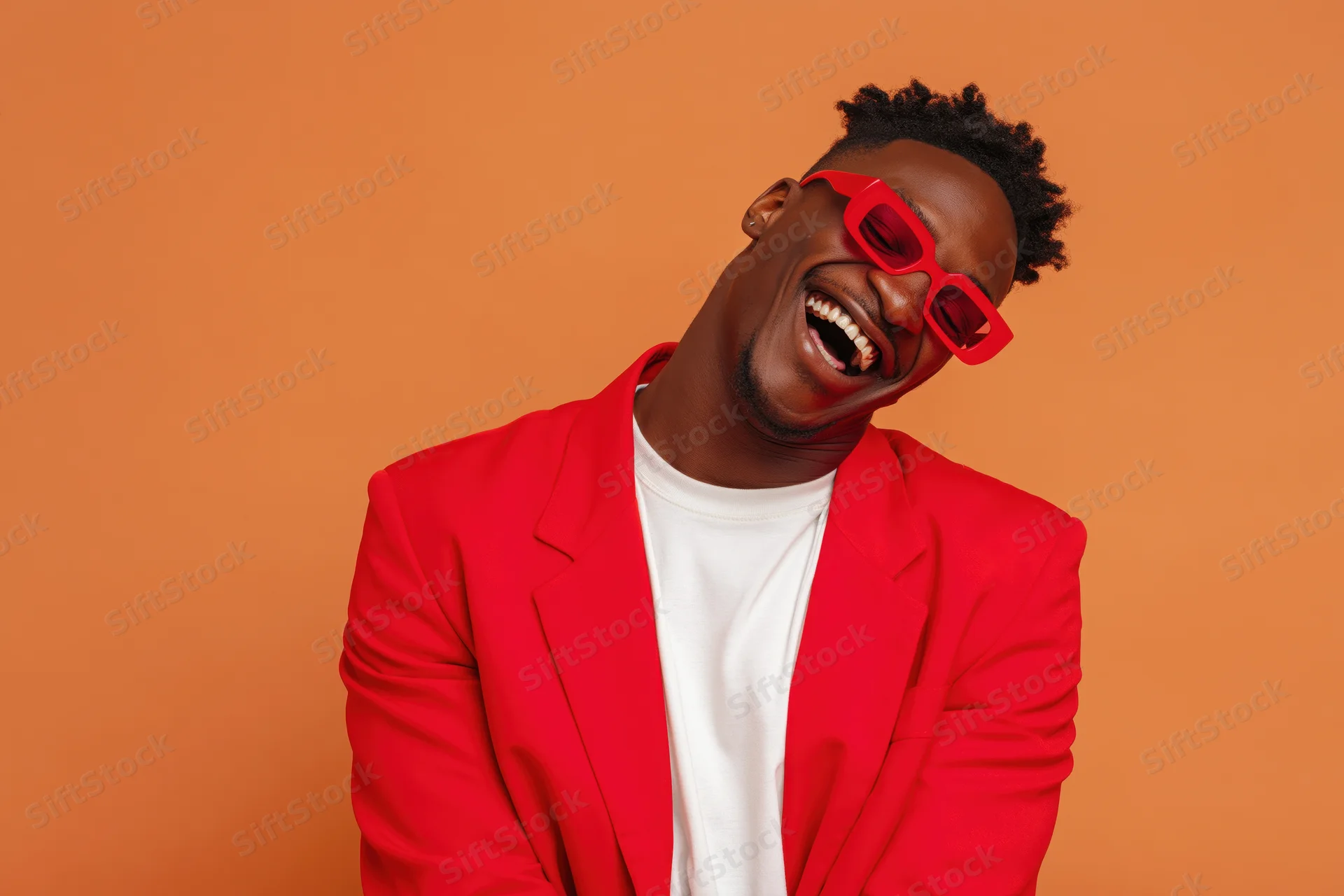 Young black man laughing with red sunglasses and red blazer over white t-shirt against orange background