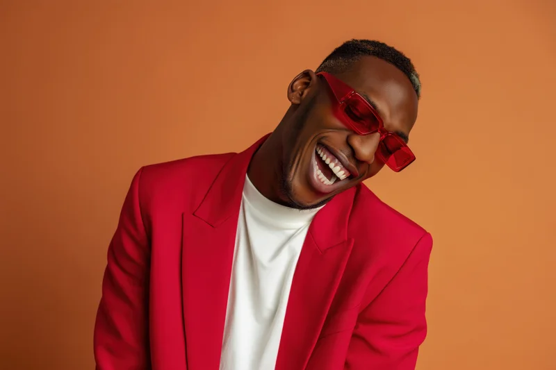 Young black man laughing in red blazer and sunglasses against orange background