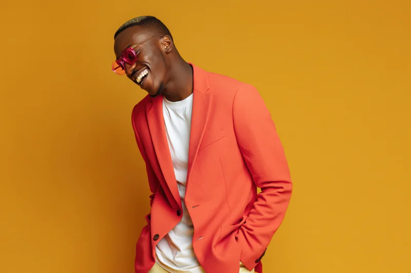 Young black man laughing in bright orange-red blazer over white t-shirt against yellow background