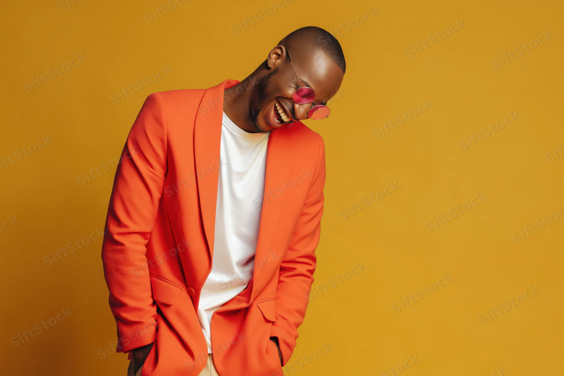 Young black man laughing in orange blazer over white t-shirt against yellow background