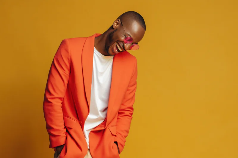 Young black man laughing in orange blazer over white t-shirt against yellow background
