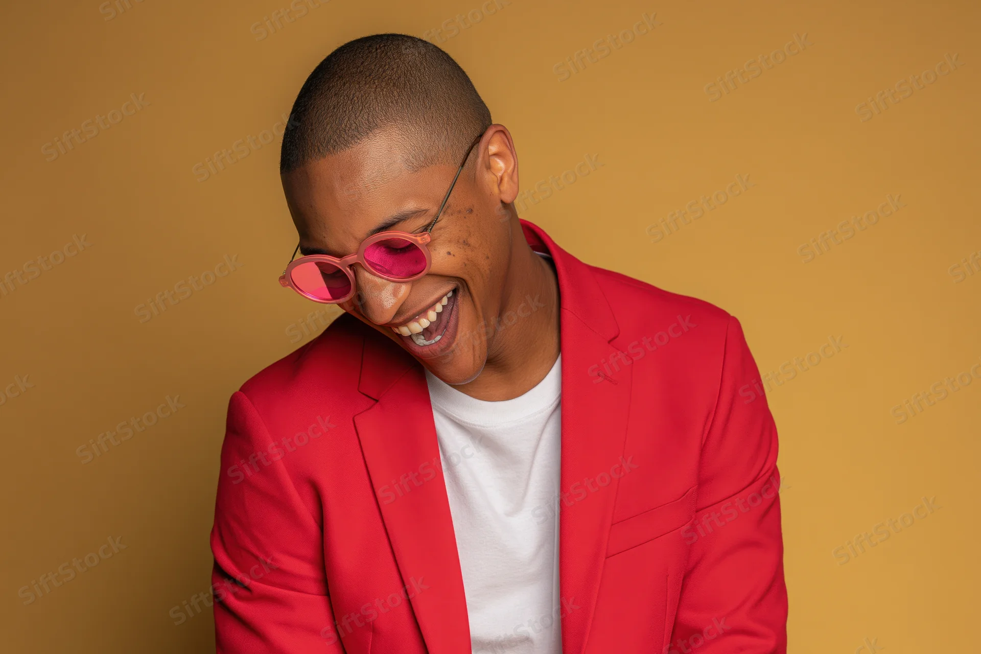 Young black man laughing with pink sunglasses and red blazer in studio portrait