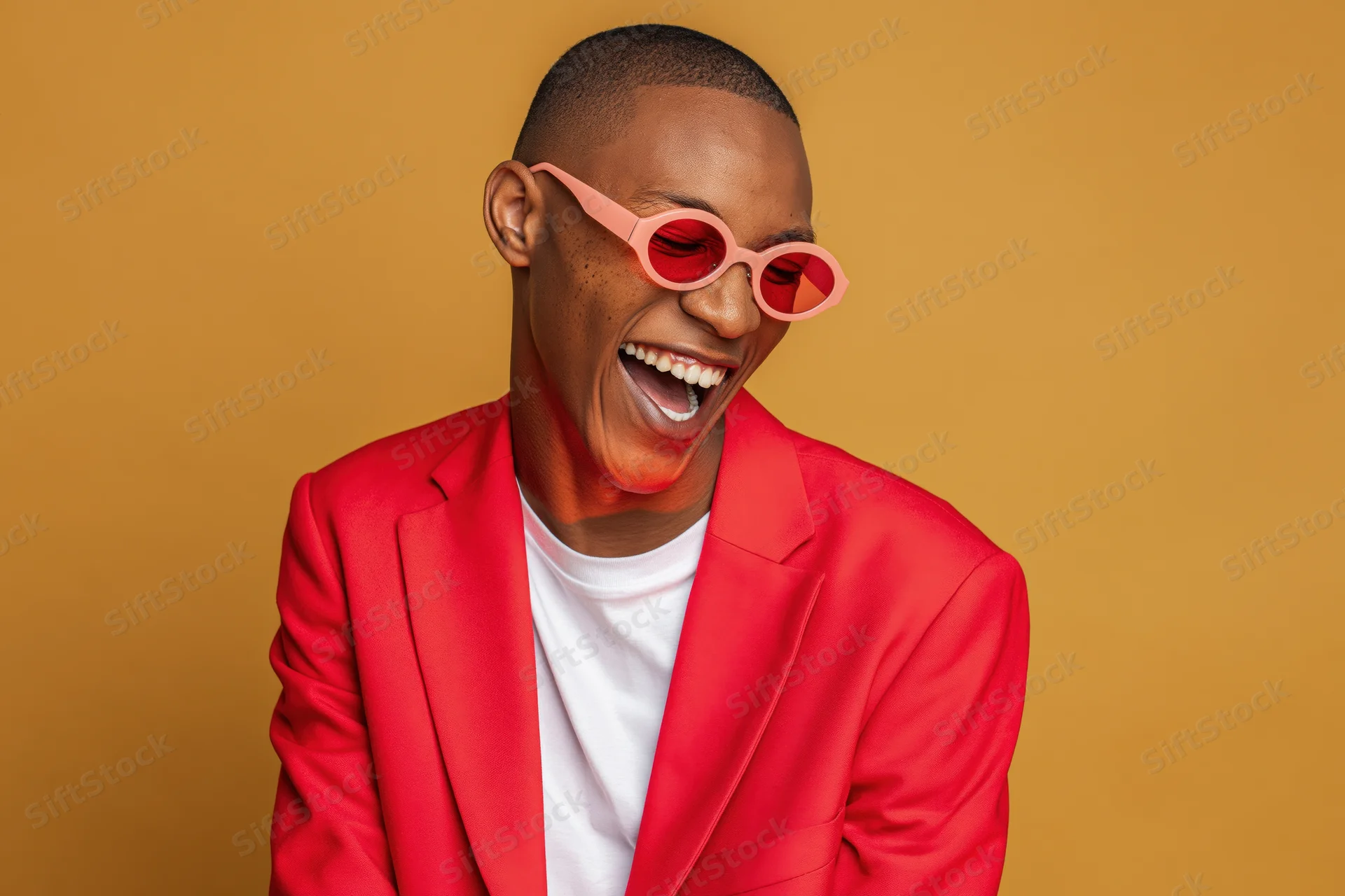 Young black man laughing in red suit and pink sunglasses against orange background