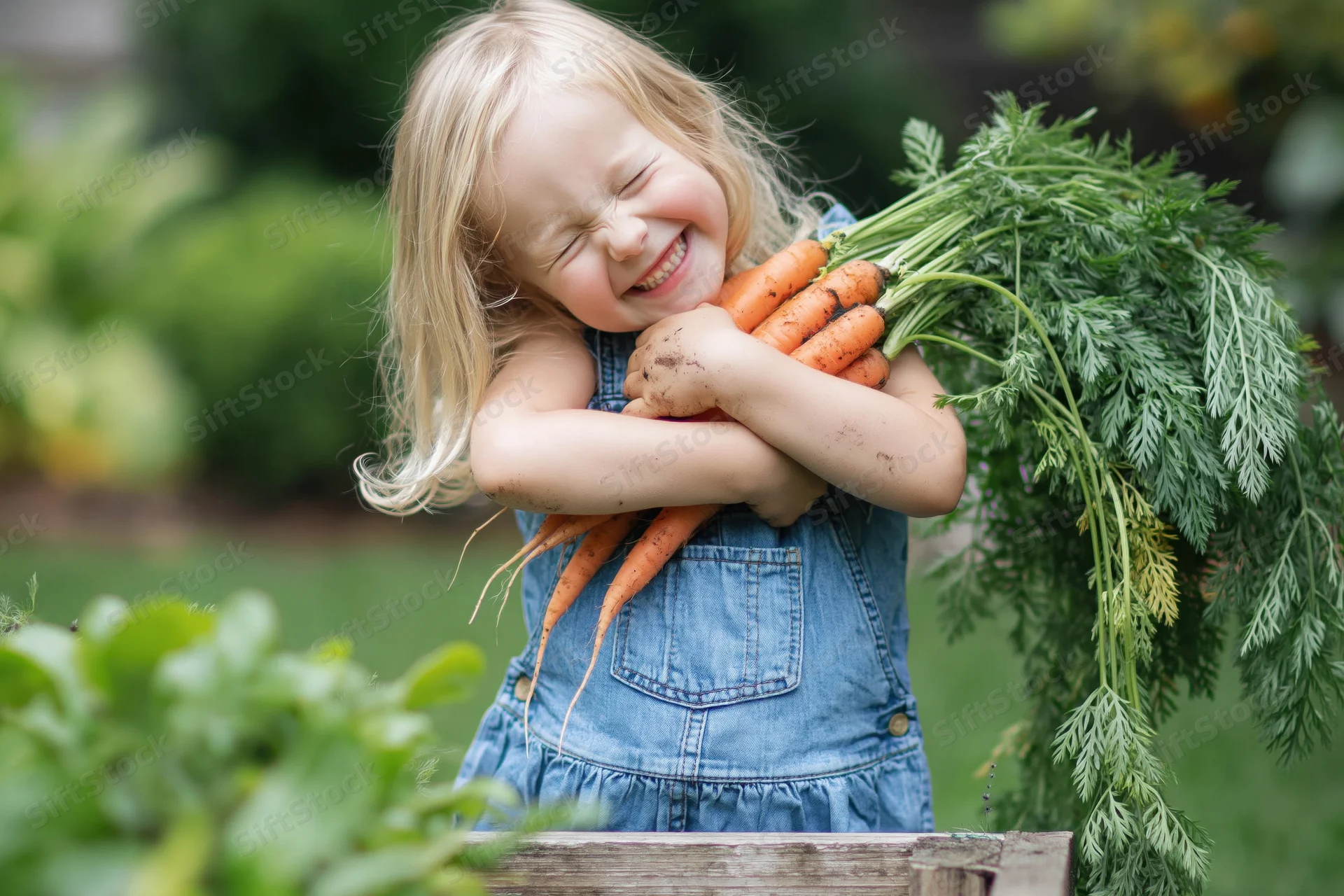 Young blonde girl hugging a bunch of freshly harvested carrots in a garden