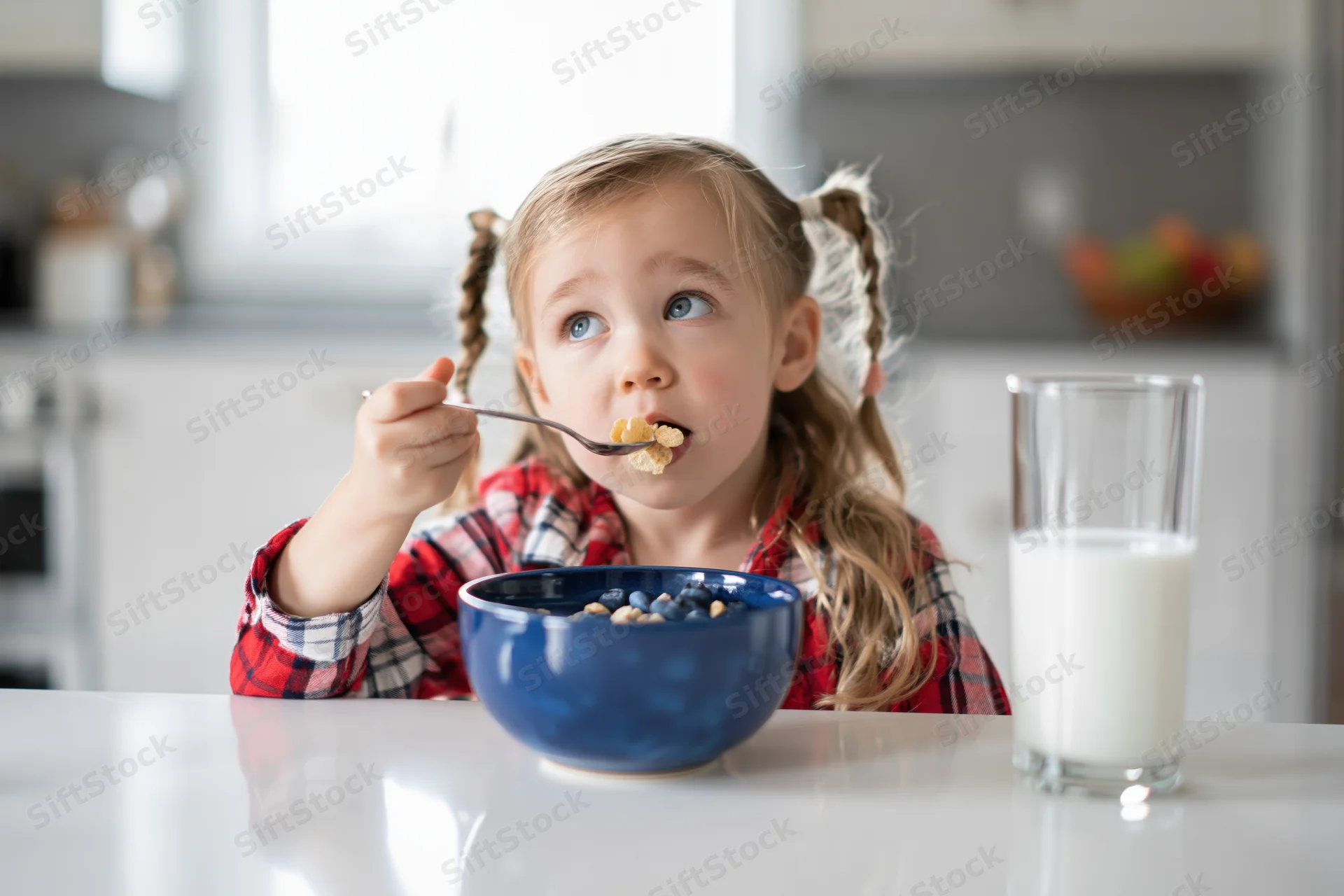 Young blonde girl eating cereal with milk from a blue bowl at a kitchen table