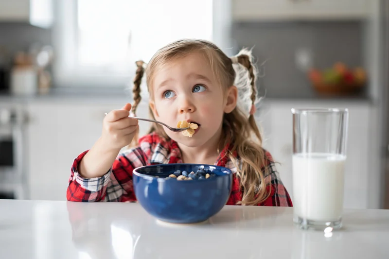 Young blonde girl eating cereal with milk from a blue bowl at a kitchen table