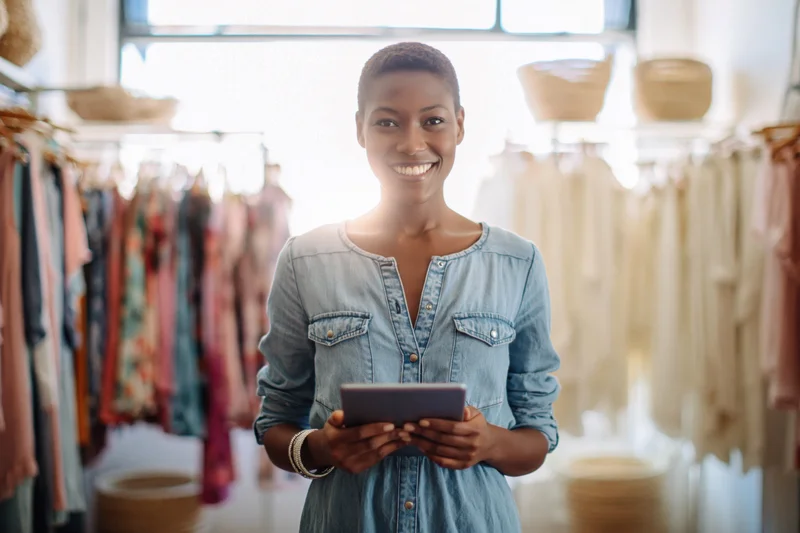 Smiling woman holding tablet in boutique clothing store