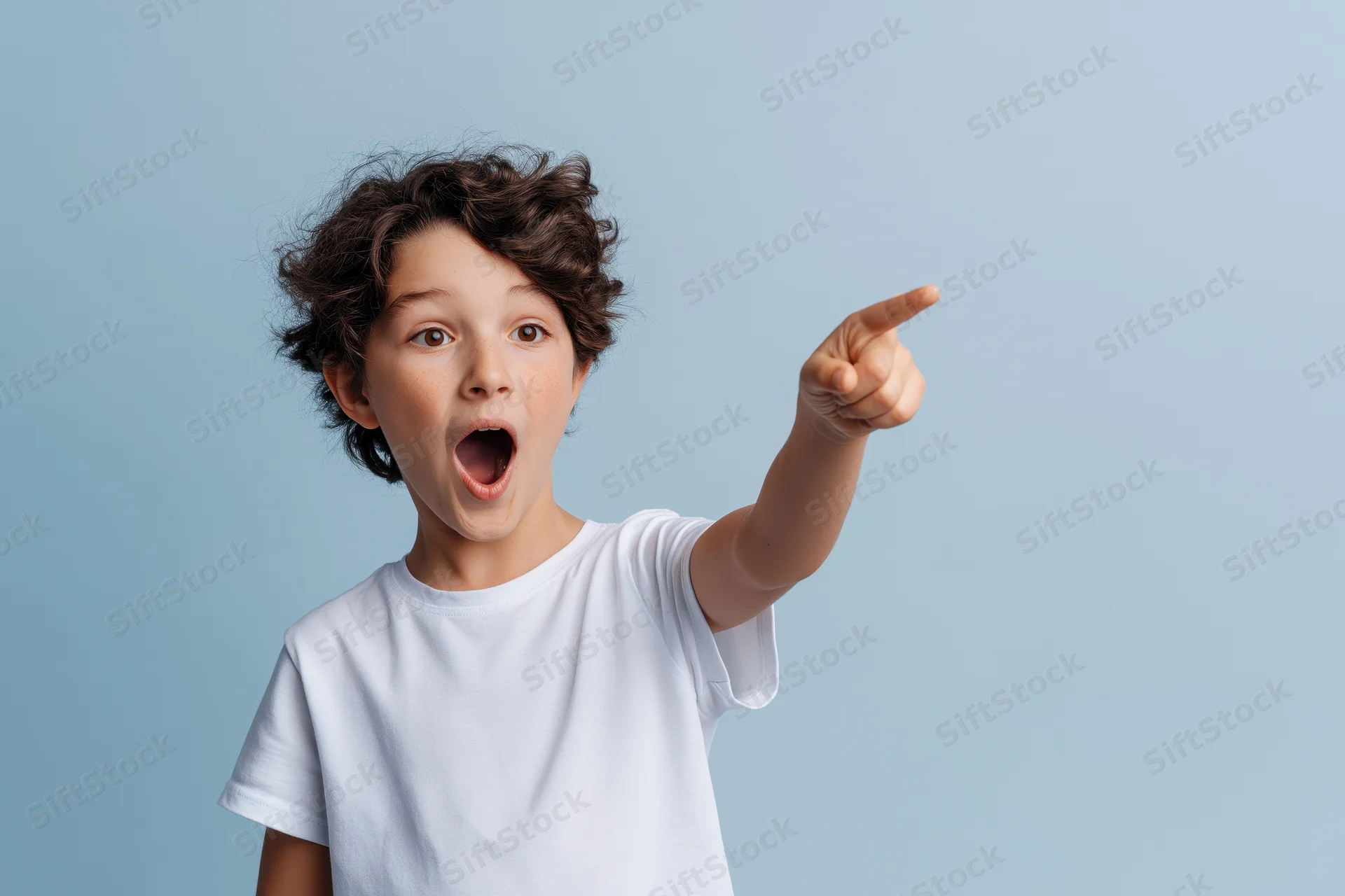 Young boy with curly dark hair pointing and mouth open in surprise against blue background