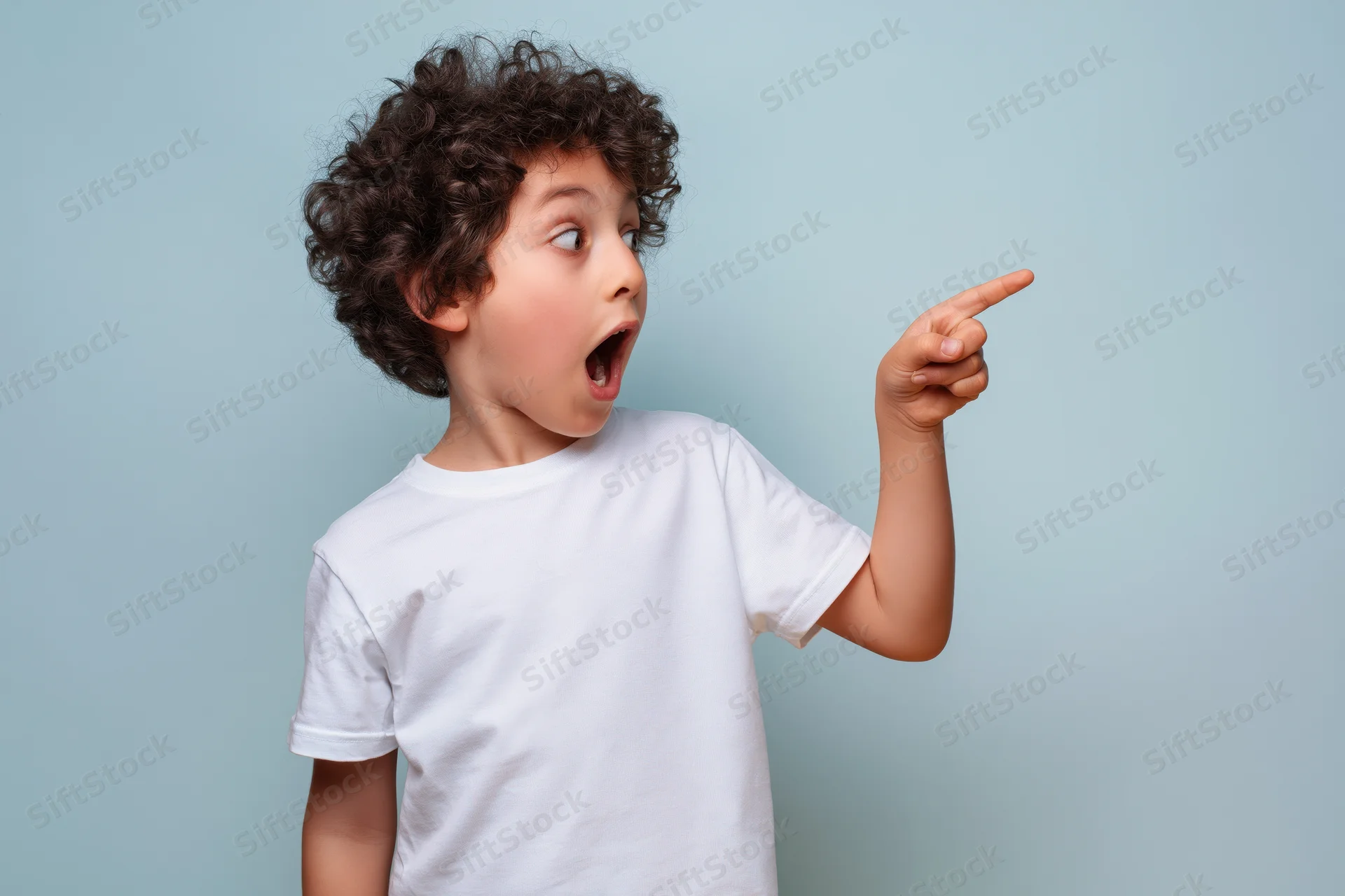 Young boy with curly dark hair pointing and mouth open in surprise against light blue background