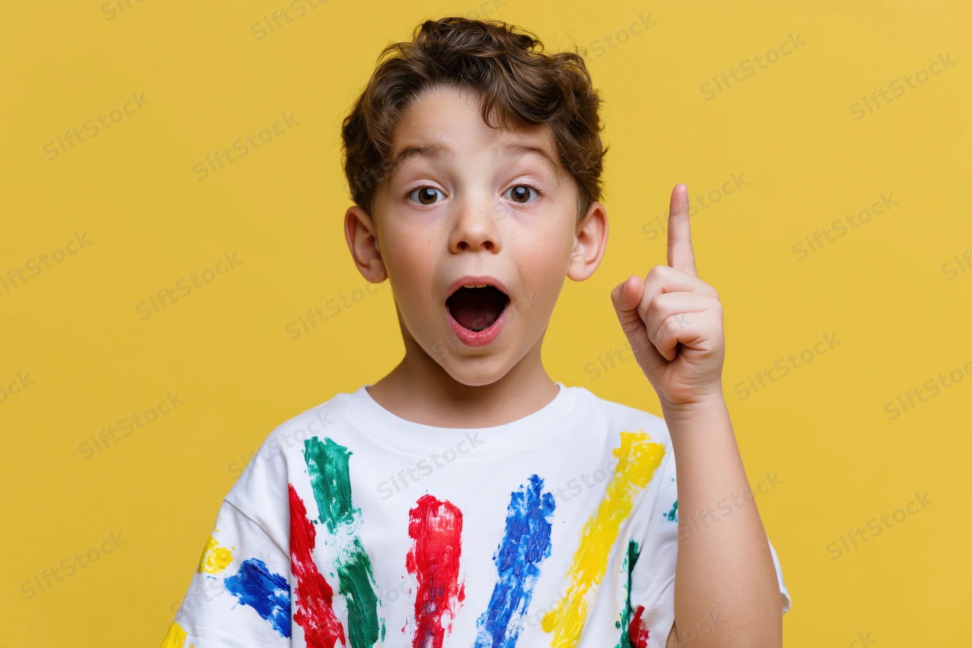 Young boy with excited eureka expression pointing finger upward in front of yellow background
