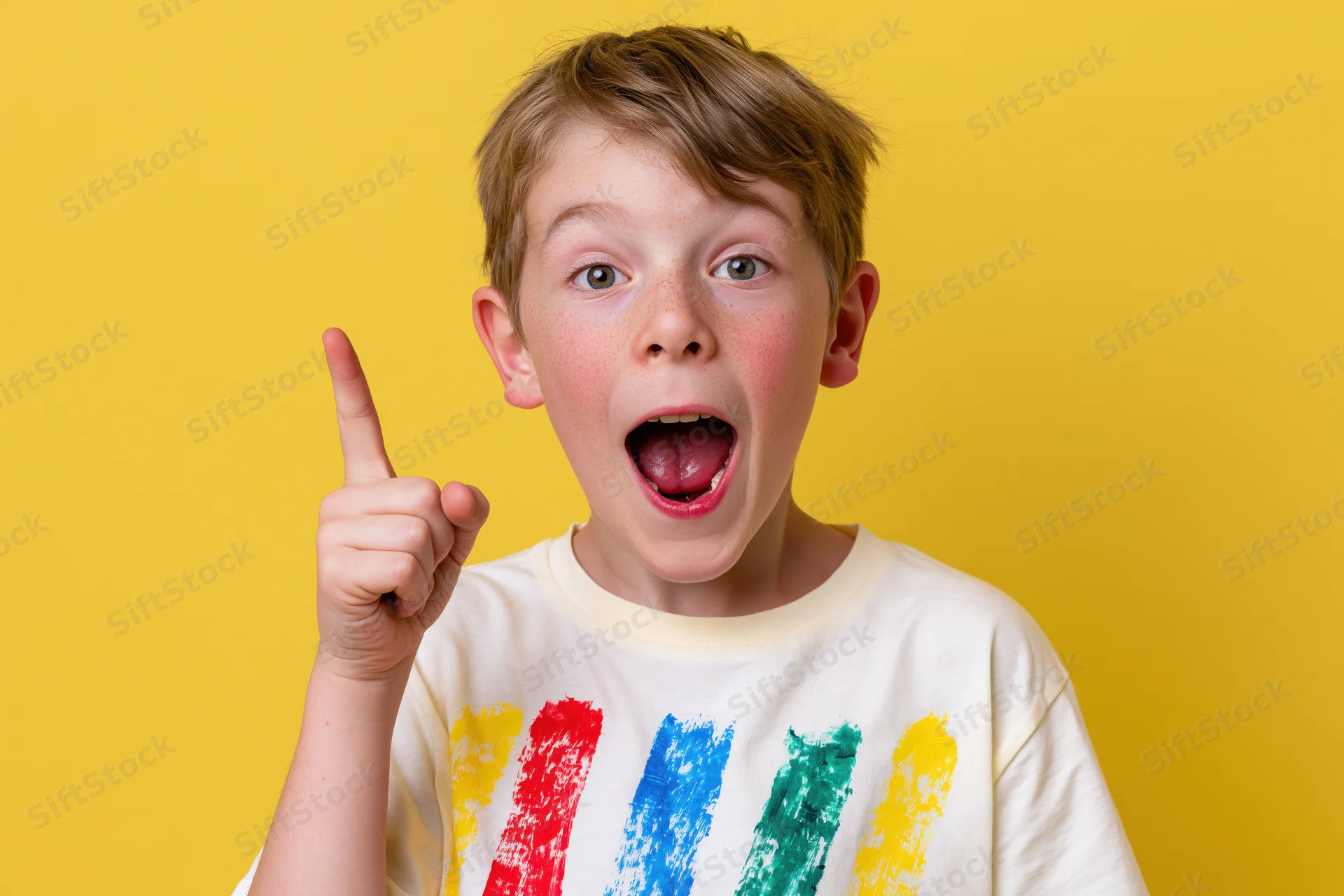 Young boy with excited eureka expression pointing upward against yellow background