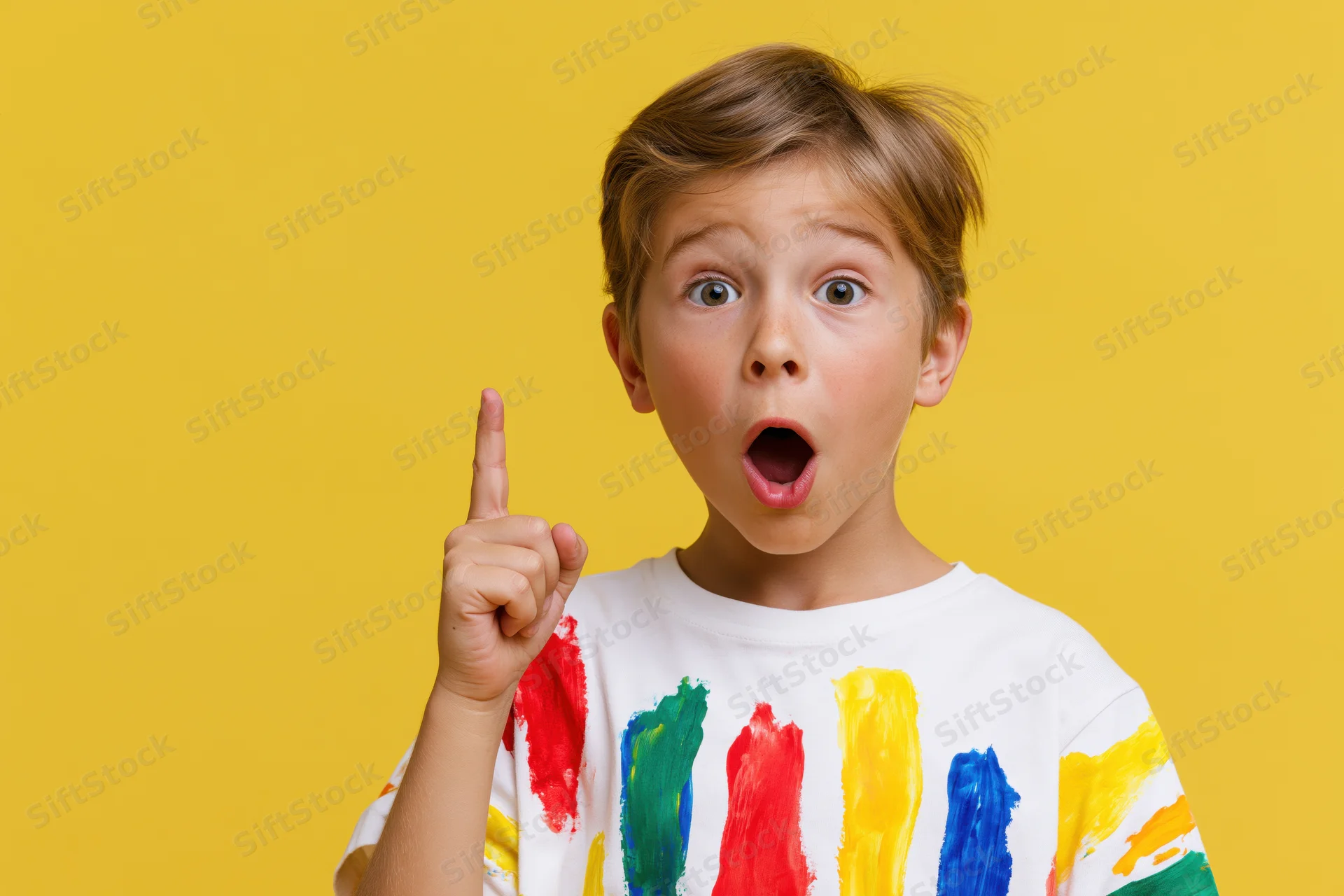 Young boy with excited eureka expression pointing upward in a paint-splattered tshirt against yellow background