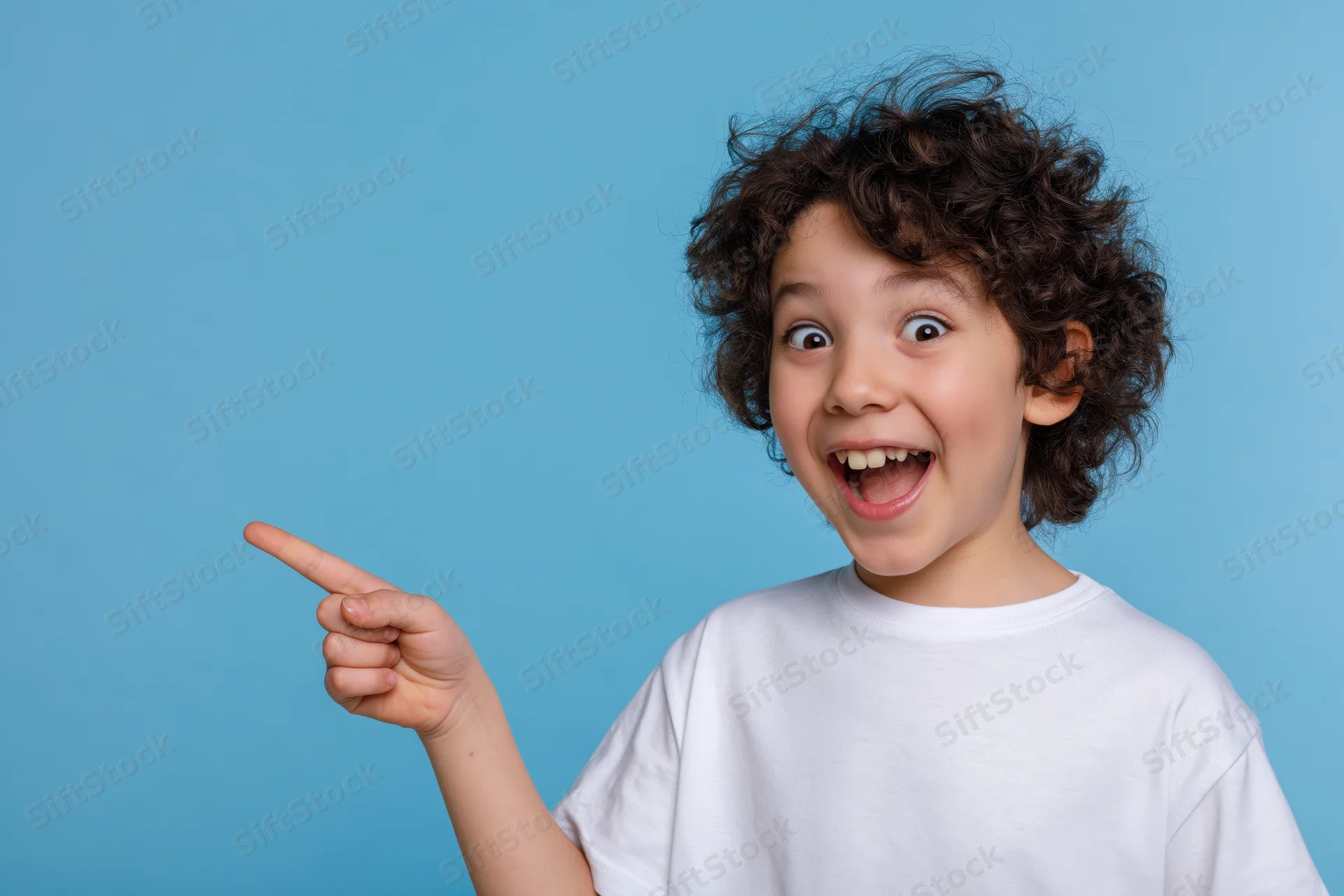 Young boy with curly dark brown hair pointing excitedly against blue background