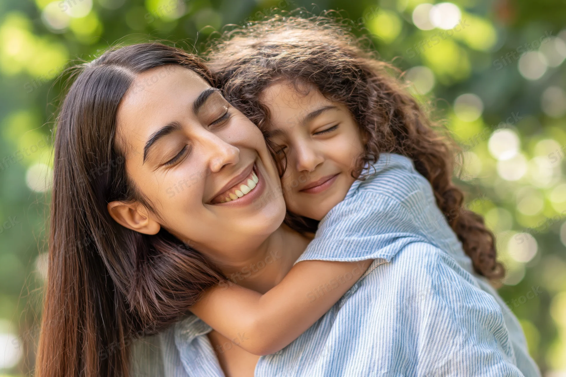 Mother and daughter hugging closely in a sunlit park