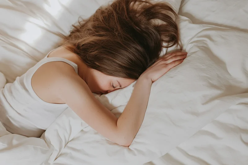 Young woman sleeping on her side in a white bed with messy hair and arms over pillow