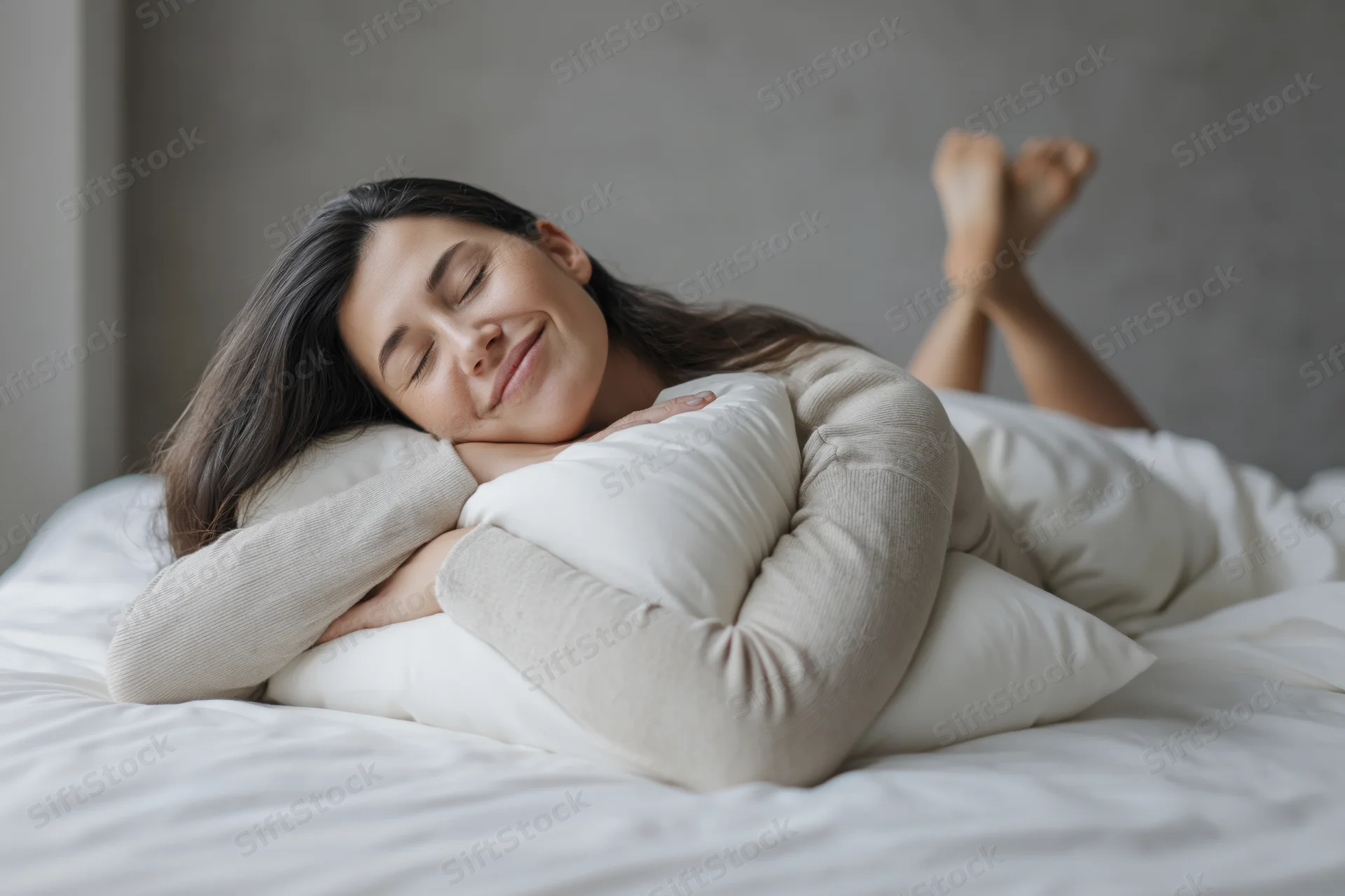 Young woman sleeping on stomach hugging pillow in bed