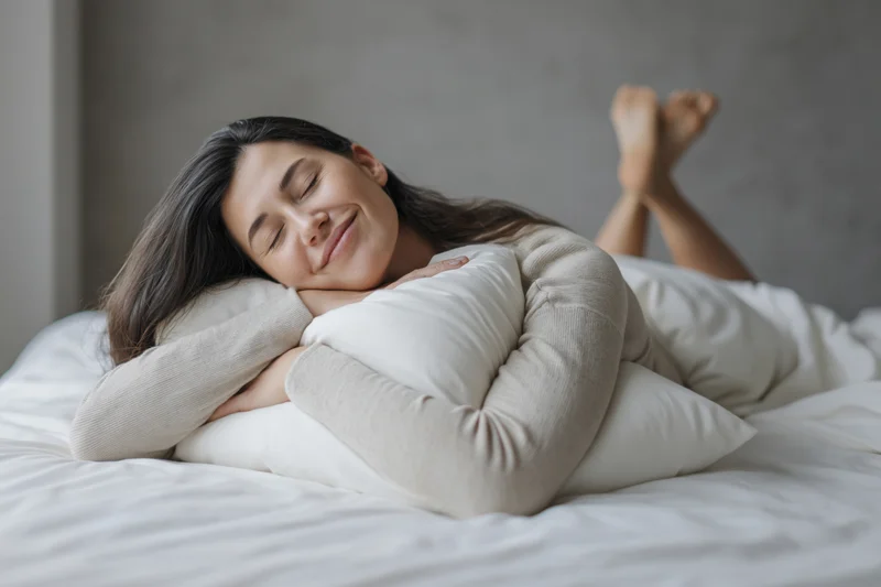Young woman sleeping on stomach hugging pillow in bed