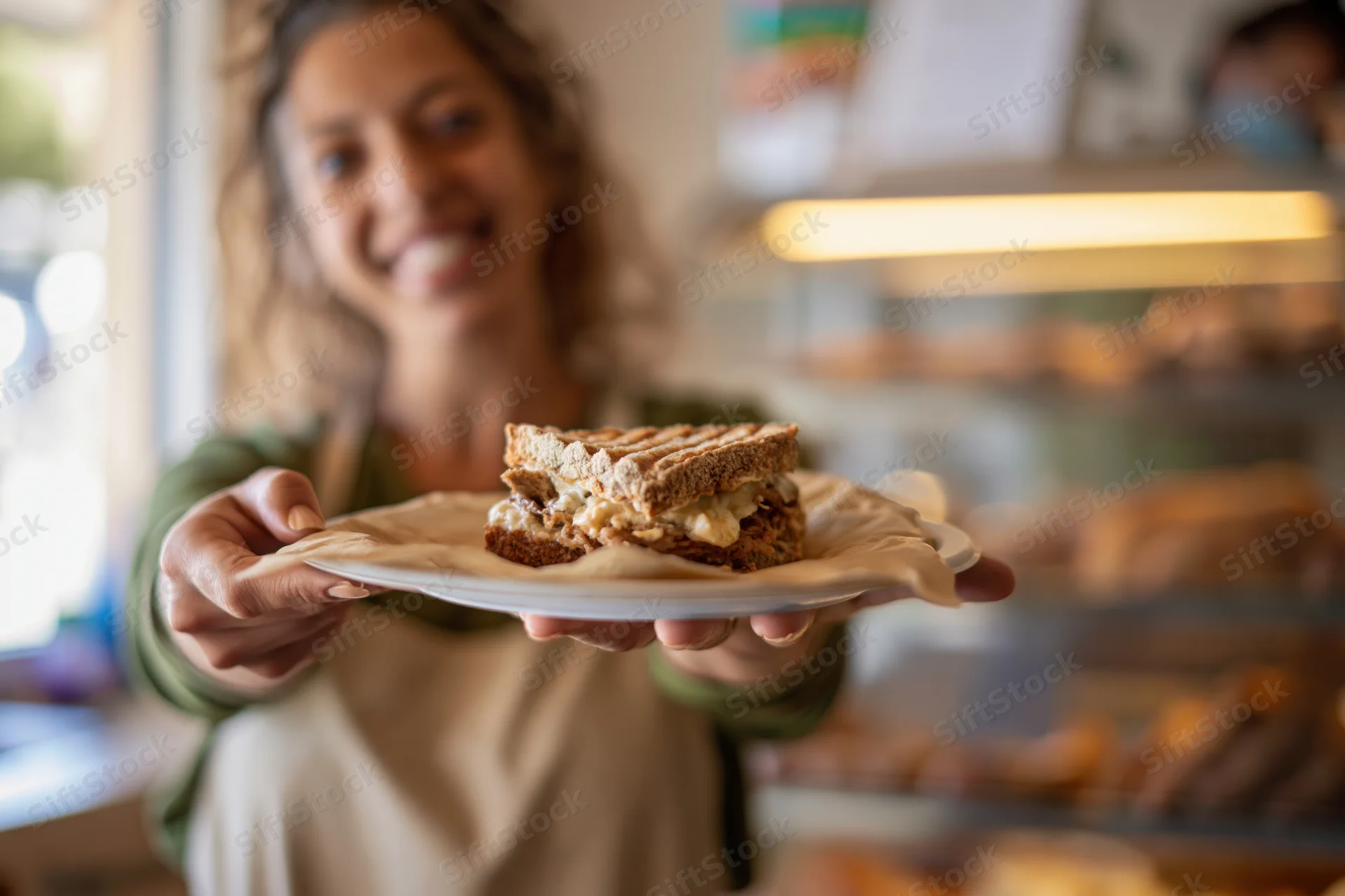 Woman holding plate with grilled cheese sandwich in bakery cafe