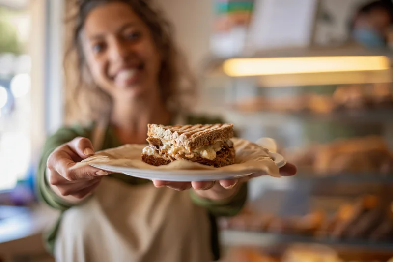 Woman holding plate with grilled cheese sandwich in bakery cafe