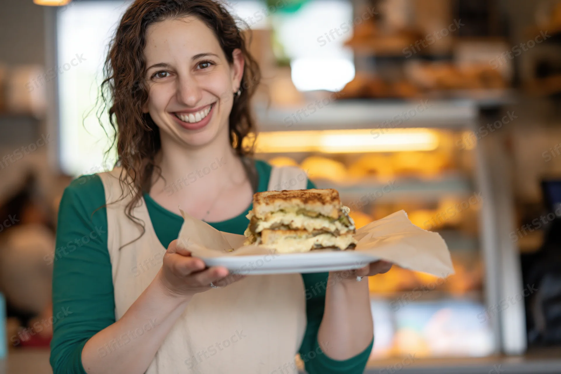 Woman holding a grilled cheese sandwich on a plate in a cafe