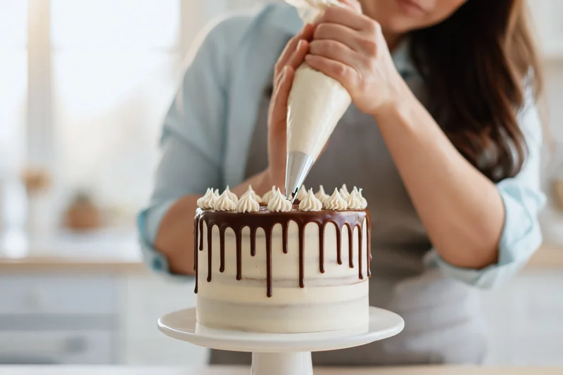 Woman decorating a chocolate-dripped cake with cream frosting in a kitchen