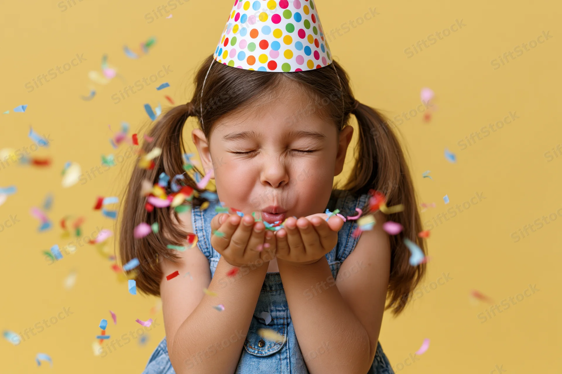 Young girl with pigtails blowing colorful confetti while wearing a party hat against a yellow background