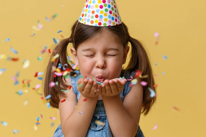 Young girl with pigtails blowing colorful confetti while wearing a party hat against a yellow background